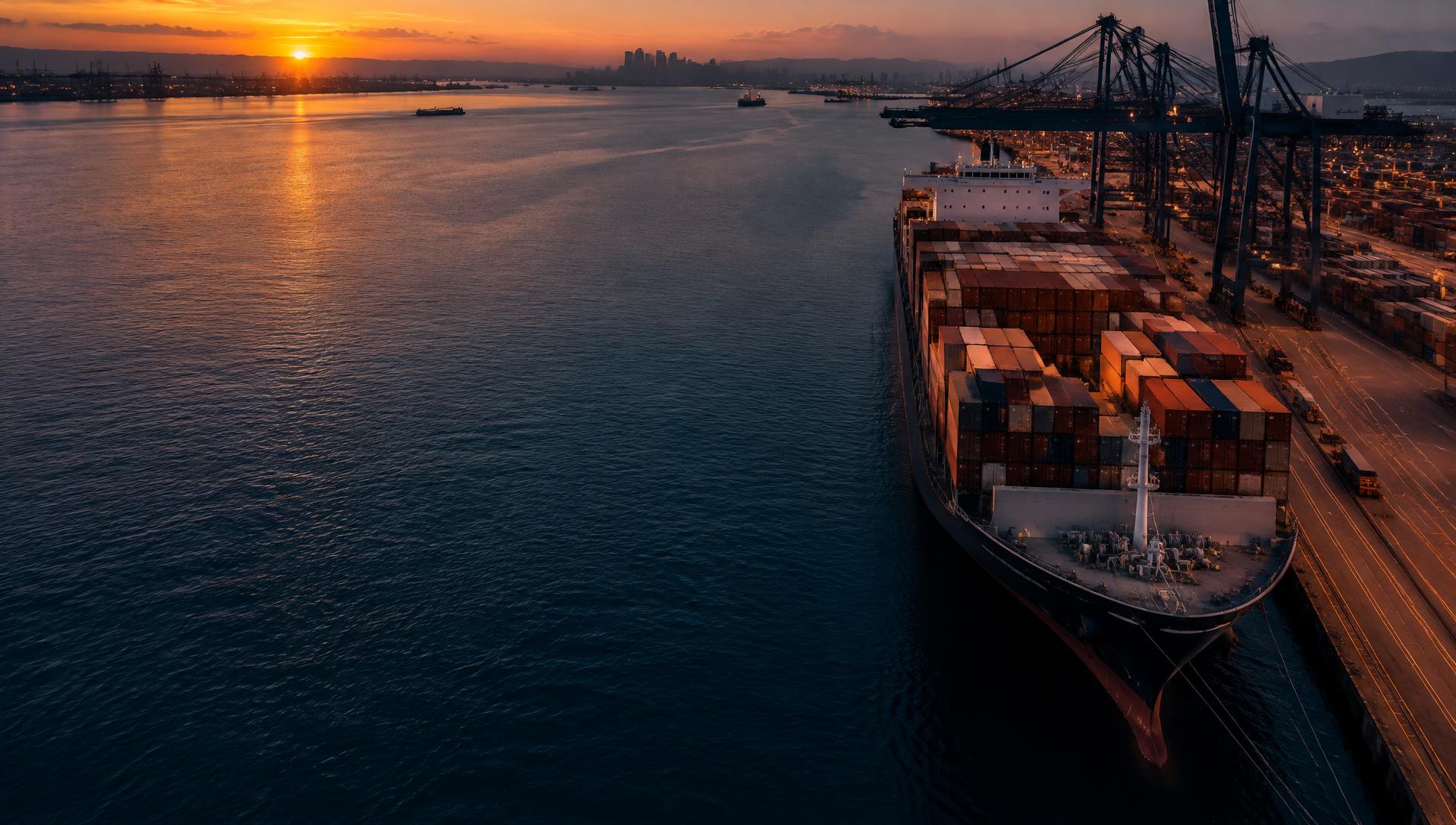Navio porta-contêineres em porto ao entardecer